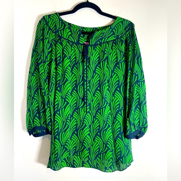 VINEYARD VINES Green Navy Blue SILK 3/4 Sleeve Floral Peasant Blouse Women’s M - Picture 1 of 10
